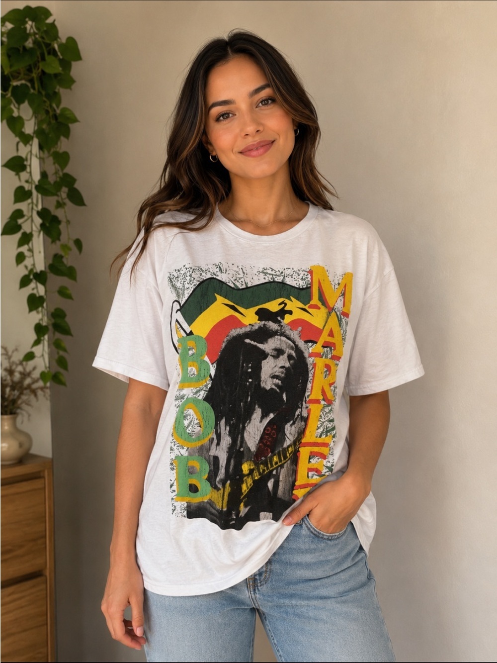 Zion Rootswear White Bob Marley Graphic Tee with Rasta 281
